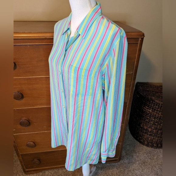 Evan Picone Retro NEON Stripe Oversized Button Down Blouse Size 12 - Picture 3 of 13